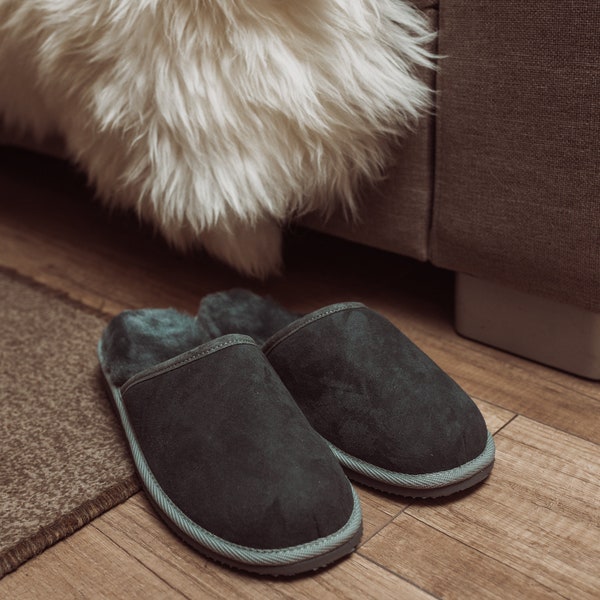 Handmade Grey Slippers, 100% genuine sheepskin. Soft and comfortable. Ideal gift for any occasion. Top quality materials and workmanship.