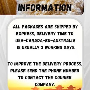 Op de afbeelding: Tekst op een witte achtergrond met een schapenvachtkleed op de achtergrond. De tekst luidt: "DELIVERY INFORMATION ALL PACKAGES ARE SHIPPED BY EXPRESS, DELIVERY TIME TO USA-CANADA-EU-AUSTRALIA IS USUALLY 3 WORKING DAYS. TO IMPROVE THE DELIVERY PROCESS, PLEASE SEND THE PHONE NUMBER TO CONTACT THE COURIER COMPANY."