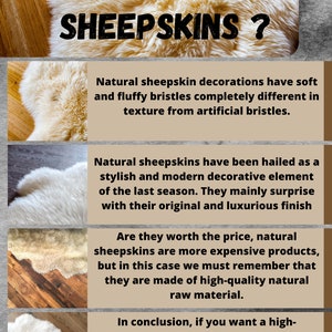 May include: Image with text: "WHY NATURAL SHEEPSKINS ?" and information about natural sheepskin decorations. The image shows close-ups of sheepskin, highlighting its soft texture and luxurious finish. The text discusses the benefits of natural sheepskin.