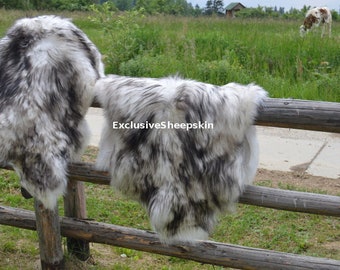 Sheepskin Icelandic White-Black Genuine Lambskin Sheep skin rug pelt long wool soft throw, schaffell, Hygge