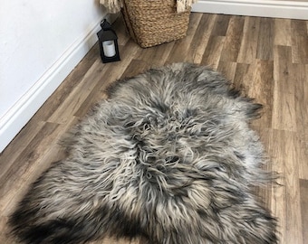 Black double sheepskin rug carpet natural soft wool fur 
