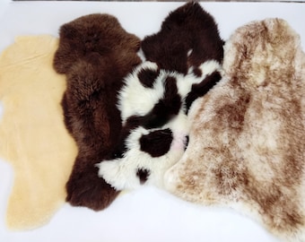 Op de afbeelding: Vier schapenvachtkleden naast elkaar gerangschikt. De collectie bevat een effen lichtbeige kleed, een effen donkerbruin kleed, een wit kleed met donkerbruine vlekken en een kleed met een gevlekte mix van crème en lichtbruine vachtstructuren.