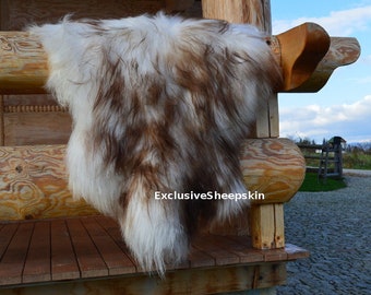 Icelandic White-Brown Genuine Sheepskin Lambskin Sheep skin rug pelt long wool soft throw, schaffell, Hygge