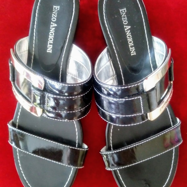 Enzo Angiolini Size 7 Black Wedge Sandals with Silver Buckle