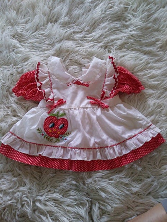 1970's Baby Dress with Strawberry embroidery, pol… - image 2