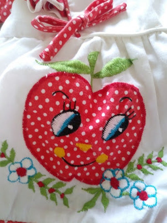 1970's Baby Dress with Strawberry embroidery, pol… - image 1