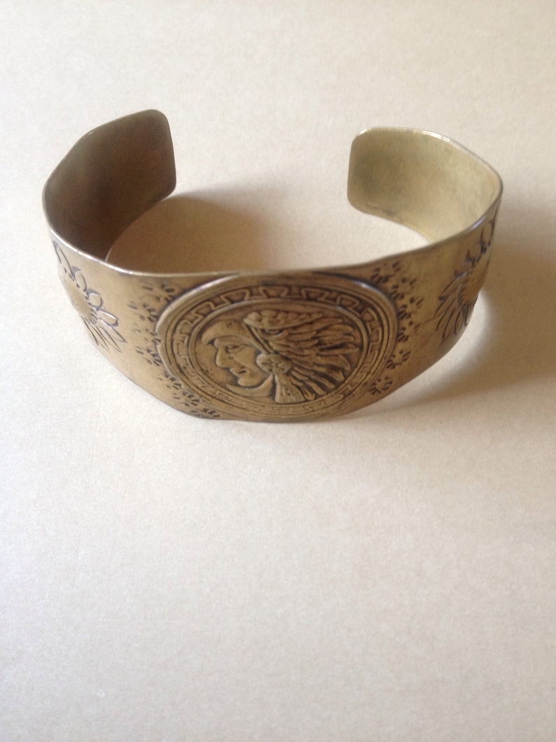 Native Tribal Headdress Brass Cuff Bracelet