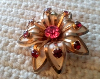 1960's Metal Flower Brooch / Pin with Rhinestones, Ruby and Pink Rhinestones