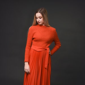 1970s Vintage Burnt Long Sleeve Orange Skater Dessy Creations New York Dress with Belt Size Medium