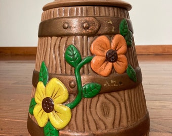 Vintage 1978 Oak Barrel / Tree with Flowers Ceramic Cookie Jar