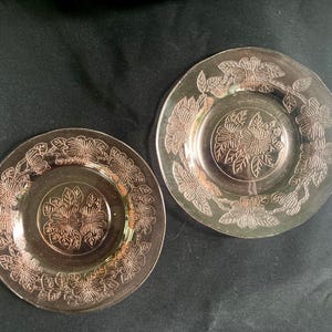 Puede incluir: Dos platos de cristal rosa con diseños florales. Los platos tienen un motivo floral central y un borde de flores y hojas. Los platos son redondos y parecen ser vintage o antiguos.