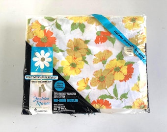 Pościel vintage z lat 70. i 80. XX wieku, prześcieradło Penn-Prest Fashion Manor Double Flat i Yellow Floral Muslin Penneys, nie wymagające prasowania, NOWE, nieotwierane