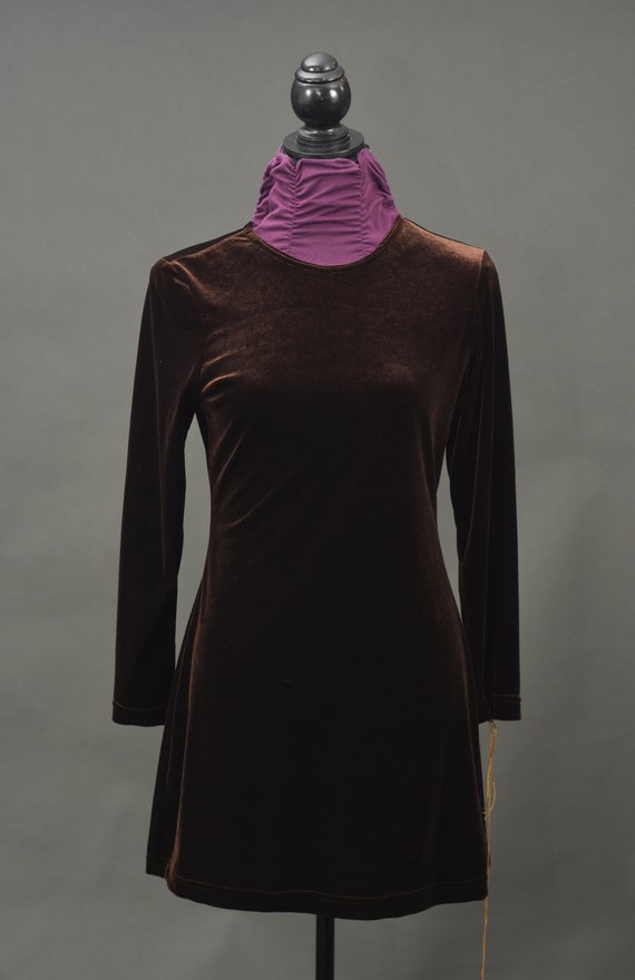 1990’s Chocolate Brown Velour Long Sleeve Mini-dr… - image 3