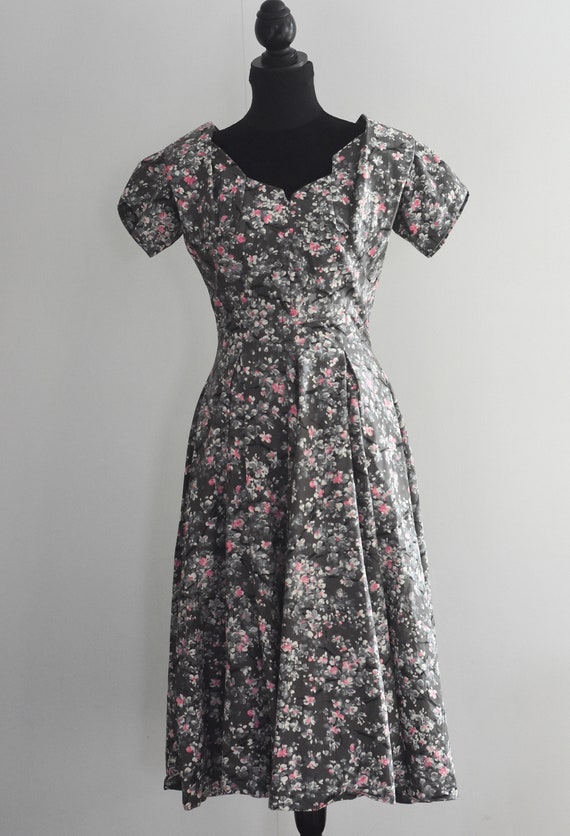 1950's Gray Dress with Pink and White Floral Cherr