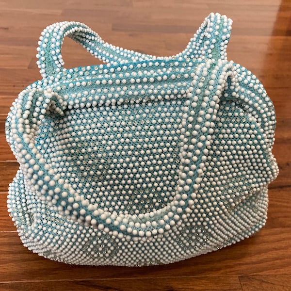 1950s Vintage Corde Beaded Baby Blue and White Purse Handbag