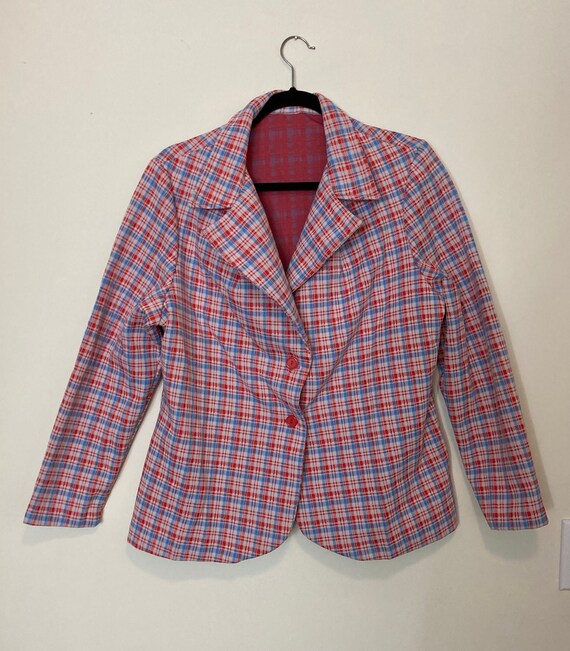 1960s Homemade Vintage Plaid Red White and Blue Polye… - Gem