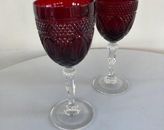 VTG Pair of Vintage Cristal D'Arques Durand Antique Ruby Pattern Crystal 8" Goblets
