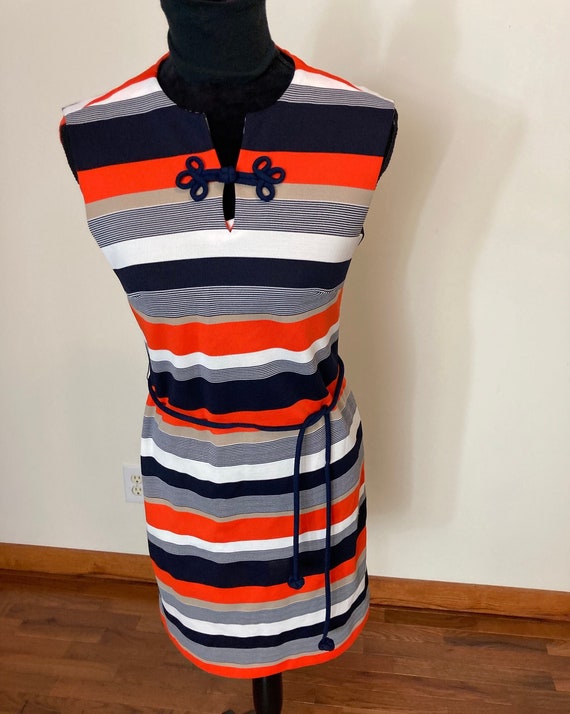 1960s Vintage Bleeker Street Red White Blue Sleeveless Polyester Dress Size Medium