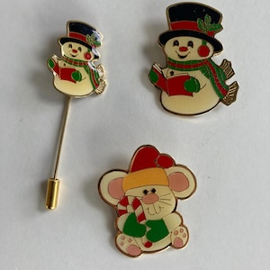 Vintage Christmas Holiday Pins Snowman/Mouse/Snowman Lapel