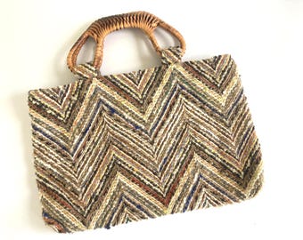 VTG Vintage 1970s Large Wool Purse with Wicker Handles