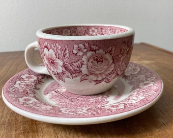 1950&#39;s Vintage Pink and White Floral Shenango China Teacup and Saucer New Castle, Pa