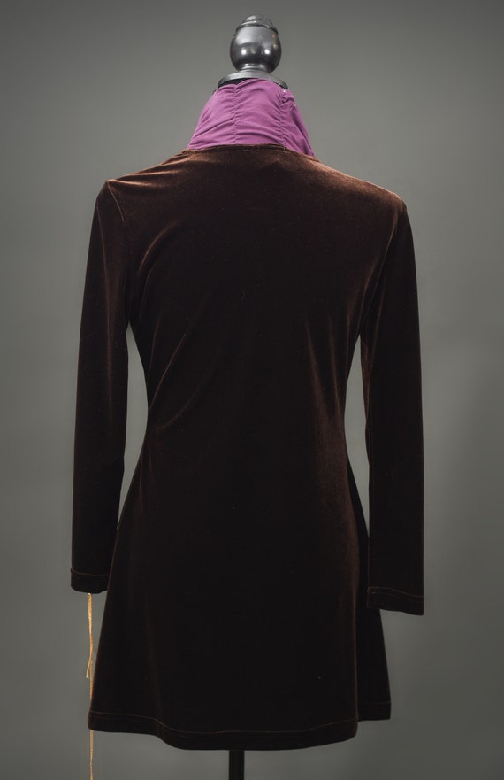 1990’s Chocolate Brown Velour Long Sleeve Mini-dr… - image 4