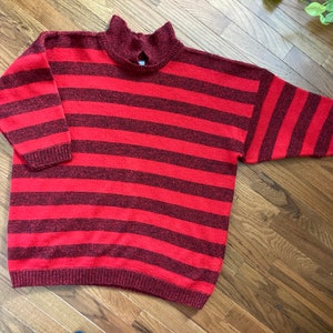1990&#39;s Vintage Venezia Red and Black Striped Chucky Collared Sweater XL