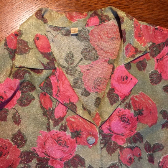 1950s Vintage Green and Red/Pink Floral Metallic … - image 2