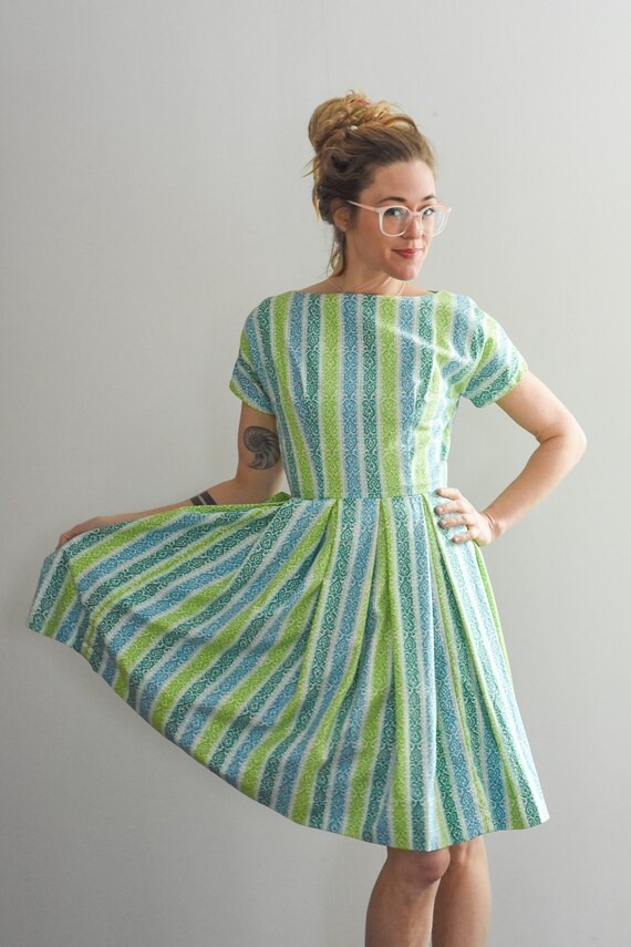 1950's Vintage Blue Green and White Striped Pleate