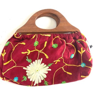 Vintage Floral Handbag With Wooden Handles - Etsy Vintage Blue‎ Green Purse Wood Handles Pink Green Floral Embroidery main image 1