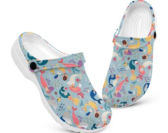 Fishes and Mermaid Patterned Crocs Clogs for Women and Men, Custom Slip on Shoes, nursing shoes, custom footwear, Mermaid custom clogs