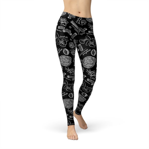 Pasta Black Leggings - leggings for women, workout pants, all over print yoga pants, food pants, food leggings, food print pants