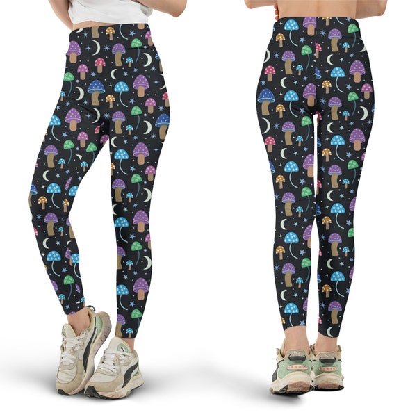 Leggings motif champignon étoilé - leggings pour femme, pantalon d'entraînement, pantalon de yoga imprimé sur l'ensemble, imprimé roses, motif champignon, pantalon étoilé