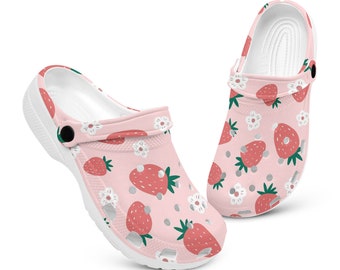 Pink Strawberry pattern Clogs for Women and Men, Custom Slip on Shoes, nursing shoes, gift ideas, custom footwear, Strawberry clogs mules