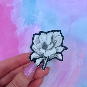 Black and White Watercolor Magnolia Die Cut Sticker