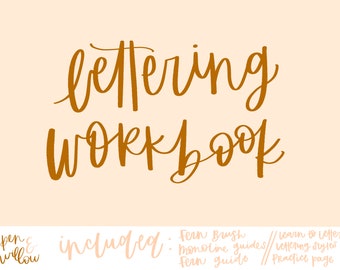 May include: A digital download for a lettering workbook with the title "bettering Workbook". The workbook includes a fern brush, monoline guides, lettering styles, a fern guide, and practice pages.