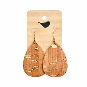 Gold Cork Teardrop Earrings, Lightweight Faux Leather Earrings