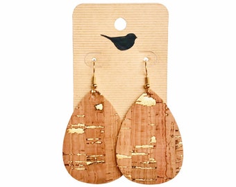 Gold Cork Teardrop Earrings, Lightweight Faux Leather Earrings