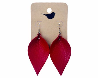 Red Genuine Leather Leaf Earrings