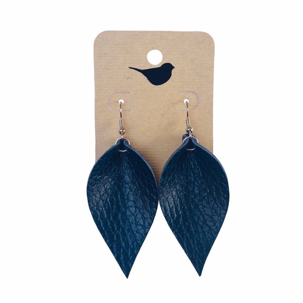 Blue Leather Earrings, Blue Leaf Earrings for Spring, Blue Feather Earrings, Fall Leaf Earrings