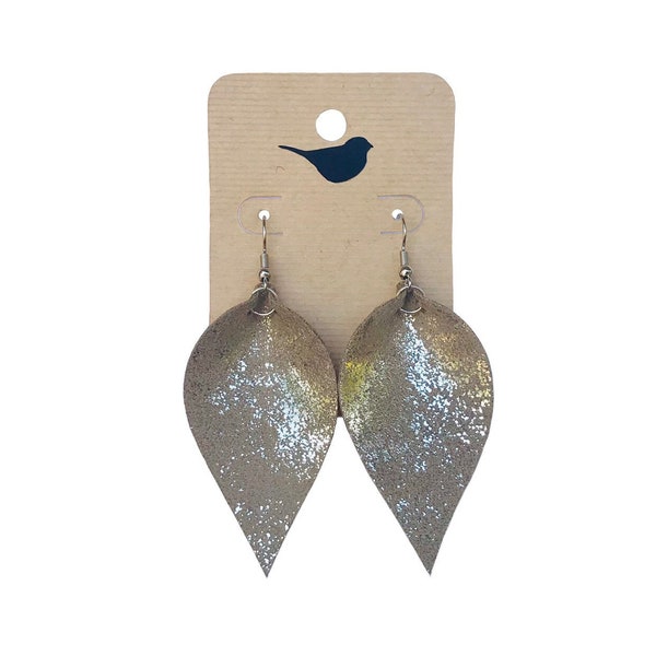 Speckled Platinum Leather Earrings, Lightweight Earrings, Trendy Earrings, Leather Earrings, Silver Leaf Shaped Leather Earrings