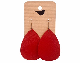 Bright Red Genuine Leather Teardrop Earrings: Lightweight Trendy Style