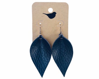 Blue Leather Earrings, Blue Leaf Earrings for Spring, Blue Feather Earrings, Fall Leaf Earrings