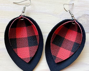 Red and Black Buffalo Plaid Leather Leaf Earrings