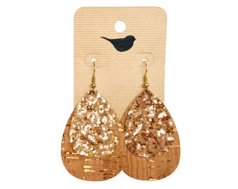 Gold Glitter Cork Leather Teardrop Earrings: Lightweight Trendy Style