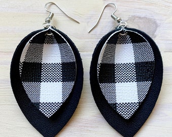 White and Black Buffalo Plaid Leather Leaf Earrings