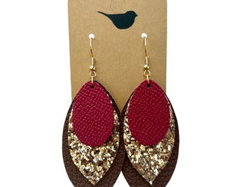 Brown, Gold Glitter, and Red Layered Petal Shaped Dangle Earrings