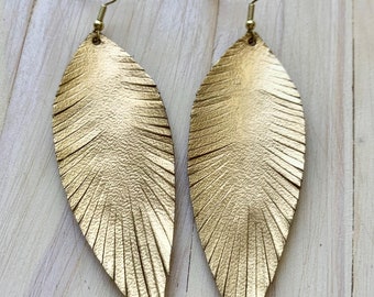Long Gold Feather Earrings: Lightweight Genuine Leather, Hypoallergenic
