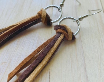 Brown Suede Leather Fringe Earrings with Hypoallergenic Hooks