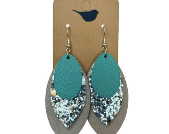 Tan Suede, Silver Glitter, and Turquoise Layered Petal Shaped Dangle Earrings